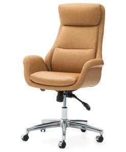 Promo 💯 Glitzhome Mid-Century Modern Air Leatherette Adjustable Swivel High Back Office, Camel 👍