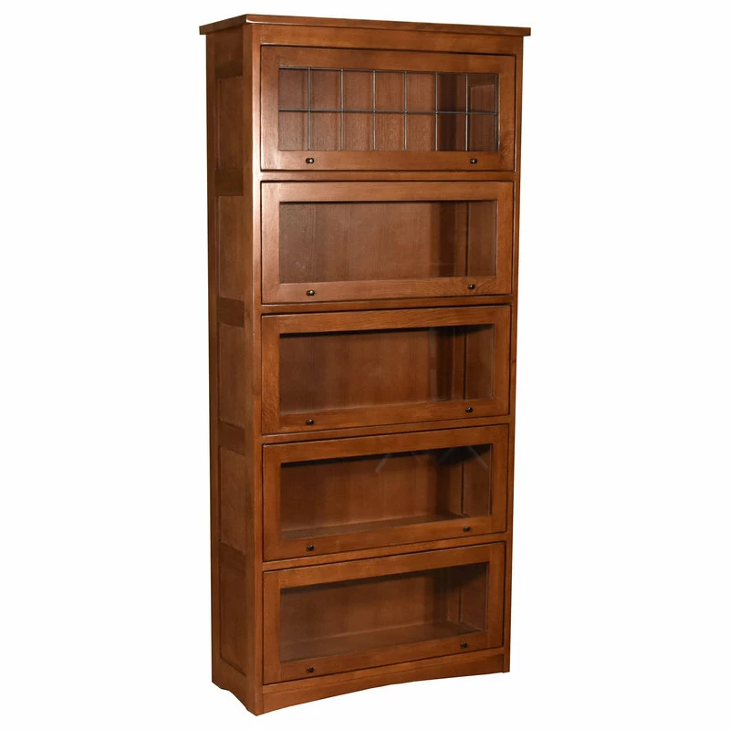 Cheapest 🌟 Crafters And Weavers Mission Craftsman Quarter Sawn Oak, Leaded Glass Barrister Bookcase, 5-Shelf 🛒