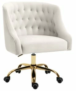 Best Sale 😍 Meridian Furniture Arden Swivel And Adjustable Velvet Office Chair, Cream, Rich Gold Base 🤩