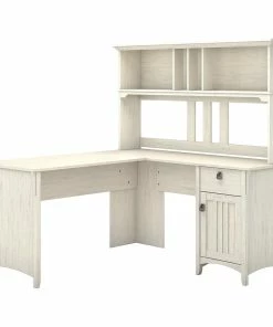 Cheap 😀 Bush Industries 60" Bush Furniture Salinas L Shaped Desk With Hutch, Antique White 😍