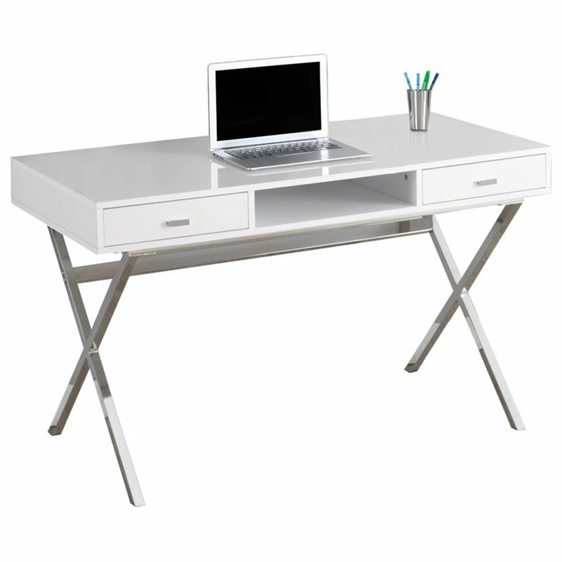 Flash Sale โญ Monarch 48" Modern Writing Desk In Glossy White And Silver ๐