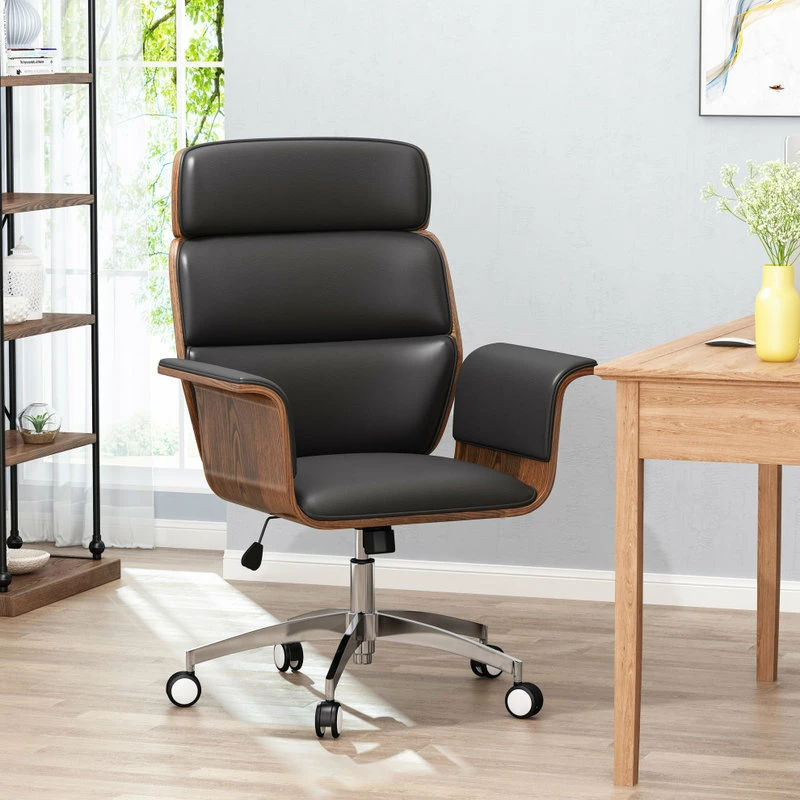 Coupon ๐ GDFStudio Byron Mid-Century Modern Swivel Office Chair, Black/Walnut/Silver โญ - Image 2