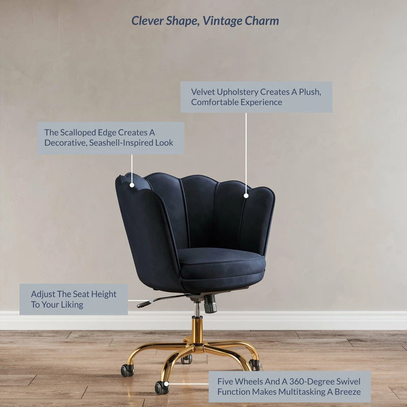 Flash Sale ✨ Belleze Kaylee Office Chair Upholstered Velvet Seashell Swivel Desk Chair, Black-Gold 👍 - Image 4