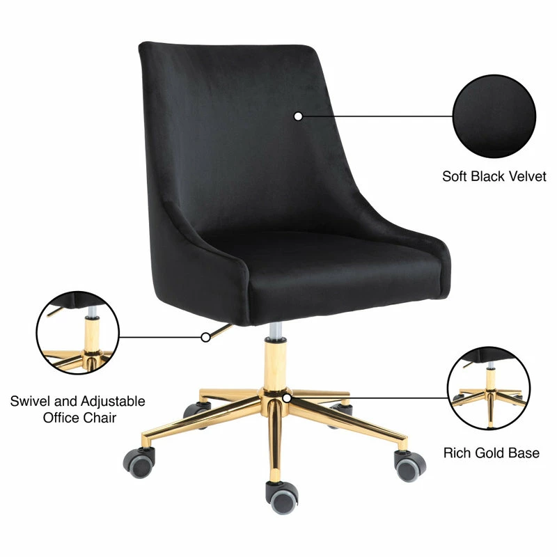 Deals 🥰 Meridian Furniture Karina Swivel And Adjustable Velvet Office Chair, Black, Rich Gold Base ✔️ - Image 11