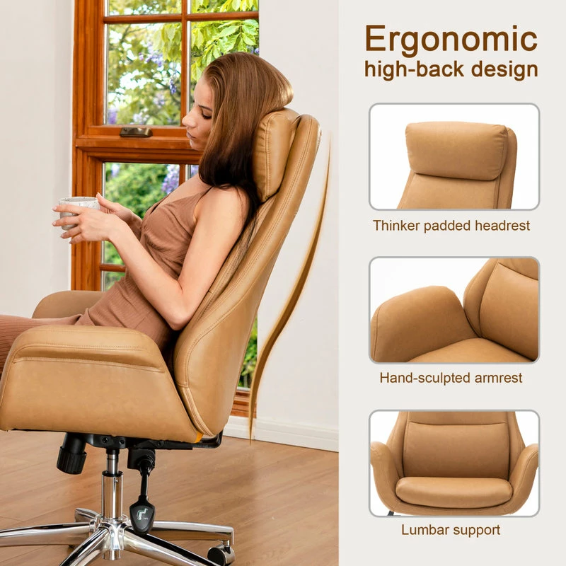 Promo ๐ฏ Glitzhome Mid-Century Modern Air Leatherette Adjustable Swivel High Back Office, Camel ๐ - Image 4