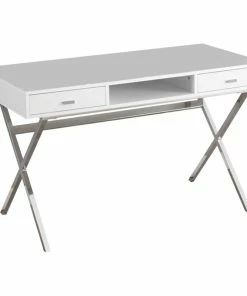 Best Sale 🔥 Monarch Specialties Computer Desk, Glossy White, Chrome Metal 💯