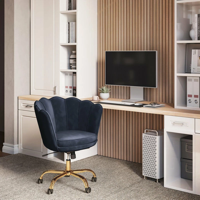Flash Sale ✨ Belleze Kaylee Office Chair Upholstered Velvet Seashell Swivel Desk Chair, Black-Gold 👍 - Image 3