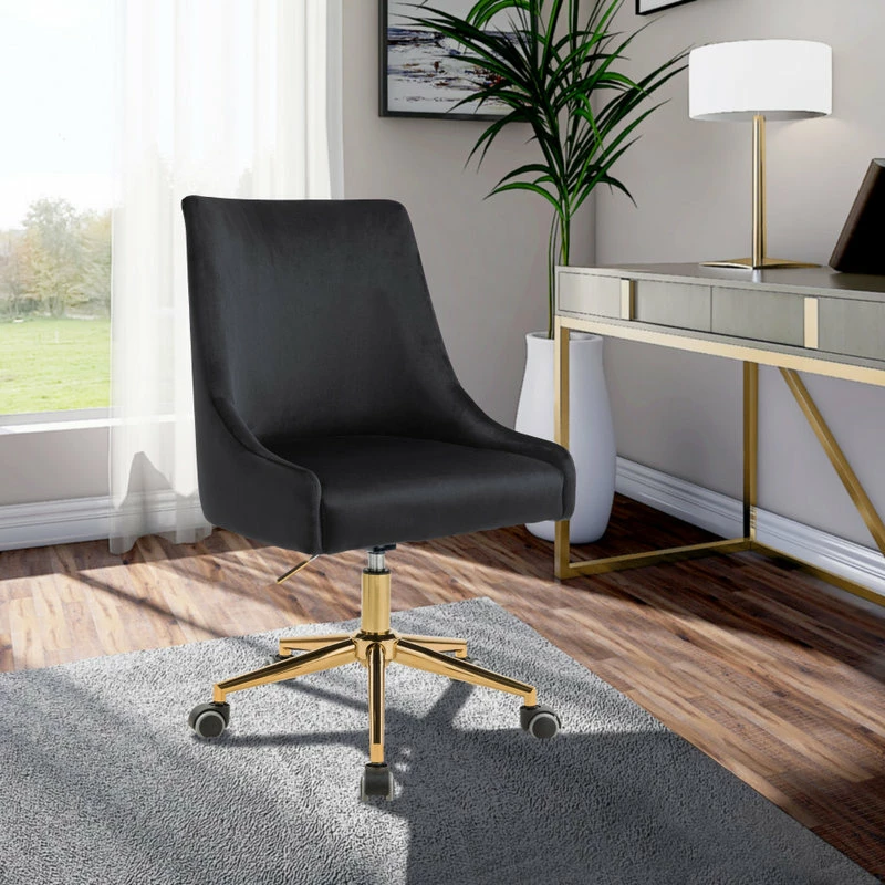 Deals 🥰 Meridian Furniture Karina Swivel And Adjustable Velvet Office Chair, Black, Rich Gold Base ✔️ - Image 2