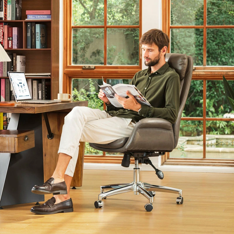 Cheapest ๐ Glitzhome Mid-Century Leatherette Adjustable Swivel High Back Office Chair, Brownish Grey ๐ฏ - Image 6