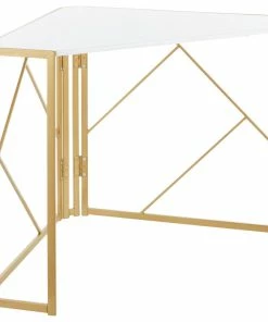 Promo 😍 LumiSource Folia Corner Desk, Gold Metal Frame, White Wood Top ⌛