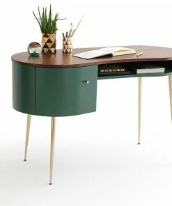 New ๐งจ Homary Mid Century Green Curved Office Desk Computer Desk With Shelves & Storage Gold ๐ฅฐ