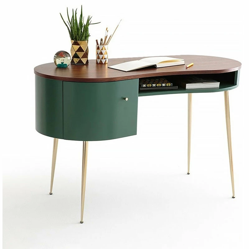 New ๐งจ Homary Mid Century Green Curved Office Desk Computer Desk With Shelves & Storage Gold ๐ฅฐ
