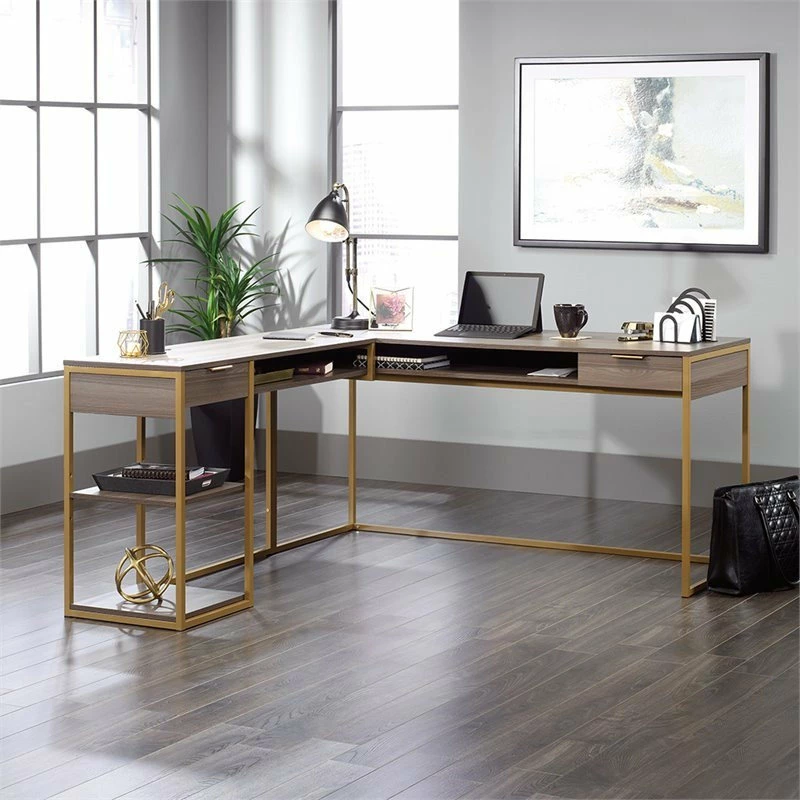 Brand new ๐ฅฐ Sauder International Lux L Shaped Writing Desk In Diamond Ash And Gold โ๏ธ - Image 2