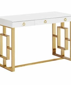 Best Pirce 😍 Best Master Furniture Brooks Contemporary 3-Drawer Writing Desk, White/Gold 👏