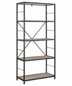 New โญ Walker Edison 60" Rustic Metal And Wood Media Bookshelf, Driftwood ๐