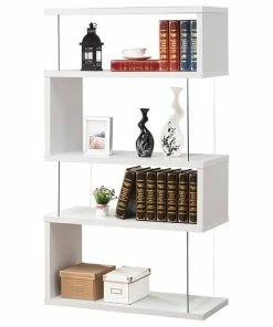 Promo 🔔 Bowery Hill Modern Glass 4 Shelf Asymmetrical Snaking Bookcase In Glossy White 👏