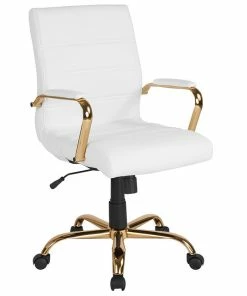 Cheap 🤩 Flash Furniture Mid-Back White Leather Executive Swivel Office Chair With Gold Frame And Arms 🥰
