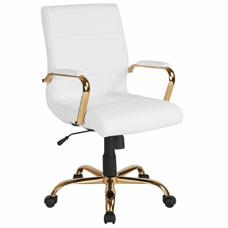 Cheap 🤩 Flash Furniture Mid-Back White Leather Executive Swivel Office Chair With Gold Frame And Arms 🥰