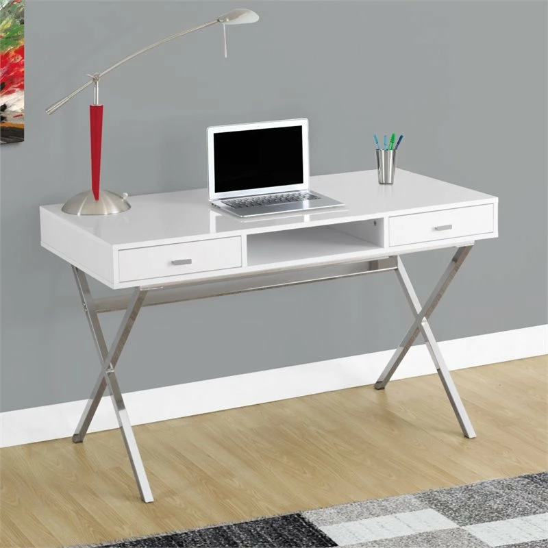 Flash Sale โญ Monarch 48" Modern Writing Desk In Glossy White And Silver ๐ - Image 2