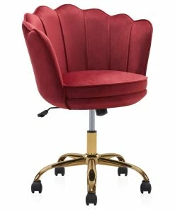Buy 🎉 Belleze Kaylee Office Chair Upholstered Velvet Seashell Swivel Desk Chair, Red-Gld 😉