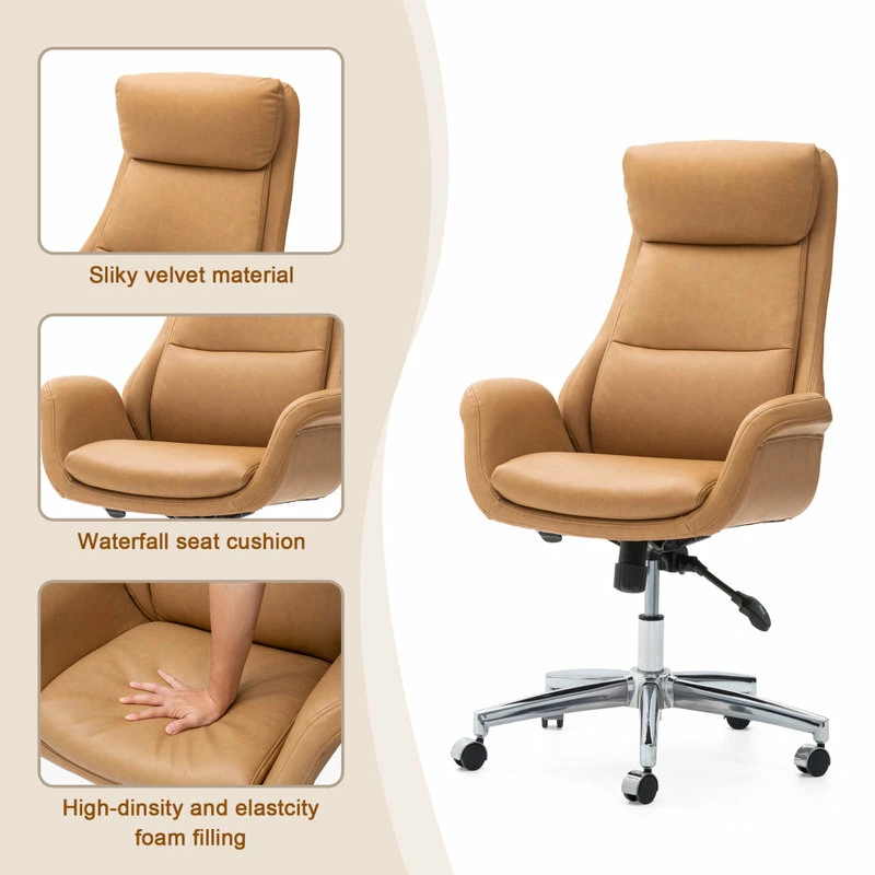 Promo ๐ฏ Glitzhome Mid-Century Modern Air Leatherette Adjustable Swivel High Back Office, Camel ๐ - Image 5