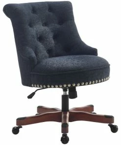 Hot Sale 😉 Linon Home Decor Products Sinclair Office Chair Dark Blue, Dark Walnut, Wood Base 🛒